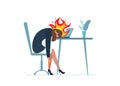 Businesswoman professional burnout syndrome. Exhausted sick tired female manager sitting with in fire head down on