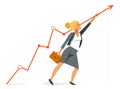 Businesswoman pushes growth graph chart up to financial success vector illustration, motivated business woman accountant CEO or