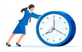 Businesswoman pushing big clock.