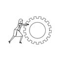 Businesswoman pushing a big gears cogwheel monochrome silhouette dotted