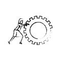 Businesswoman pushing a big gears cogwheel silhouette blurred monochrome