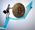 Businesswoman pushing bitcoin in cryptocurrency blockchain conce Royalty Free Stock Photo