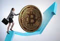 Businesswoman pushing bitcoin in cryptocurrency blockchain conce Royalty Free Stock Photo