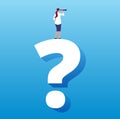 Businesswoman on question mark. Unknown future journey and next decision, strategy choice and business challenge vector Royalty Free Stock Photo