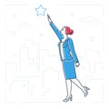 Businesswoman reaching out the star - line design style isolated illustration Royalty Free Stock Photo