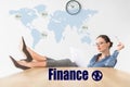 Businesswoman reading documents and sitting with legs on table with finance inscription