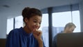 Businesswoman reading good news on laptop screen. Woman using computer Royalty Free Stock Photo