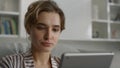 Businesswoman reading sad news hold tablet closeup. Upset girl look pad screen.