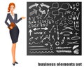 Businesswoman. Red hair. Chalkboard with hand drawn business sketches. VECTOR eps 8 illustration