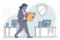 Businesswoman reviews documents while walking through modern office space with computers and security shield symbol Royalty Free Stock Photo