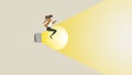 A businesswoman riding a big light bulb rocket