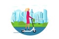 Businesswoman riding electric kick scooter. Activity lifestyle moving concept on big city street. Vector illustration