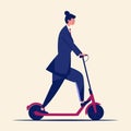 Businesswoman riding electric scooter, modern female executive in suit, smiling professional on e-scooter. Eco-friendly