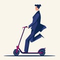 Businesswoman riding an electric scooter. Modern female in a suit on eco-friendly transportation. Green commute and