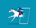 Businesswoman riding a horse out smartphone. Business competition vector illustration.