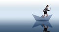 The businesswoman riding paper boat ship in business concept