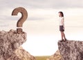 Businesswoman on rock mountain with a question mark Royalty Free Stock Photo