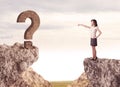Businesswoman on rock mountain with a question mark Royalty Free Stock Photo