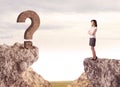 Businesswoman on rock mountain with a question mark Royalty Free Stock Photo