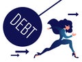 Businesswoman run away from heavy debt ball.
