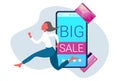Businesswoman running online shopping big sale concept smartphone screen internet mobile shop application business woman Royalty Free Stock Photo