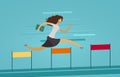 Businesswoman runs on obstacle course. Business concept. Vector illustration