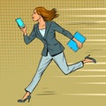 a businesswoman runs with a smartphone. Modern woman at work