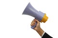 Hand holding megaphone isolated with clipping path.