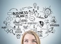 Businesswoman`s head and business plan sketch Royalty Free Stock Photo
