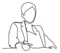 A businesswoman sat at her office desk. Continuous line drawing. Isolated on the white background. Vector