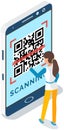 Businesswoman scanning qr code via mobile phone scanner device. QR code verification in mobile app Royalty Free Stock Photo