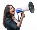 Businesswoman screaming in megaphone