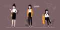 Businesswoman And Self Employment Concept.Self Confident Businesswoman Character In Different Poses On The Abstract