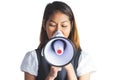 Businesswoman shooting through a megaphone