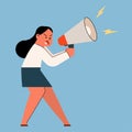 Businesswoman shouting and screaming with megaphone, vector cartoon illustration Royalty Free Stock Photo