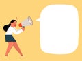 Businesswoman shouting and screaming with megaphone, vector cartoon illustration Royalty Free Stock Photo