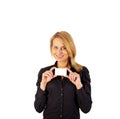 Businesswoman showing a blank business card Royalty Free Stock Photo