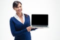 Businesswoman showing blank laptop computer screen Royalty Free Stock Photo