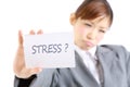 businesswoman showing a card with word stress?