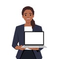 Businesswoman showing new laptop . Person holding wireless digital computer. Female character design illustration Royalty Free Stock Photo