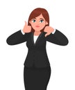 Businesswoman showing thumbs up and thumbs down gesture or sign with hands. Good and bad, like and dislike, agree and disagree.