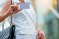 Businesswoman showing white empty card Royalty Free Stock Photo