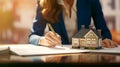 Businesswoman signing a home Loan Agreement. Real estate finance. AI Generated