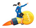 Businesswoman sits on flying rocket light bulb. Royalty Free Stock Photo