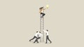 A businesswoman sits on a ladder and grabs a light bulb with a support team