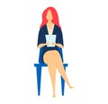 Businesswoman sitting on chair using digital tablet. Red-haired female professional working on tablet vector Royalty Free Stock Photo