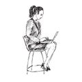 Businesswoman sitting on chair and working with laptop, hand drawn doodle, sketch in pop art style, black and white vector