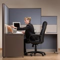 Businesswoman sitting at desk in cubicle