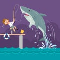 Businesswoman sitting with fishing shark strike Royalty Free Stock Photo