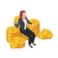 Businesswoman sitting on the golden coins isometric vector. Dollar queen isolated on white background